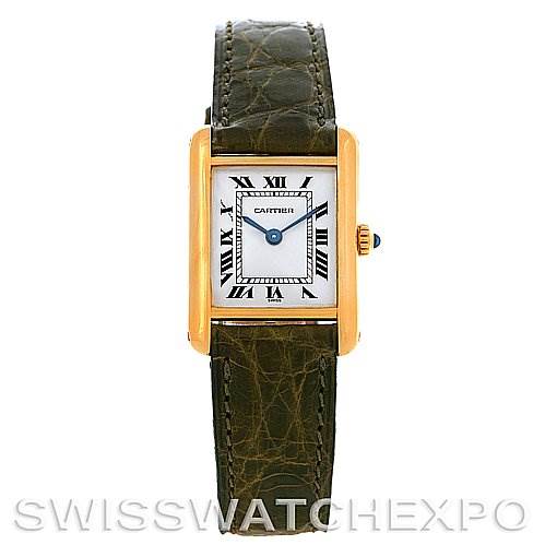 This image shows a Cartier Tank Classic Women's Yellow Gold White Dial Women's Yellow Gold White Dial watch from a front angle, displaying the dial, case, crown, and strap.