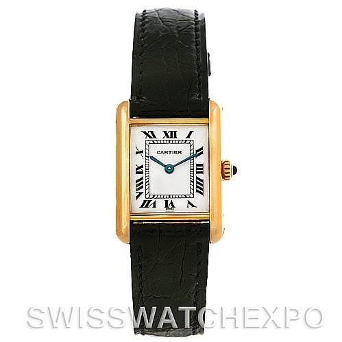 This image shows a front view of the Cartier Tank Classic Women's Yellow Gold White Dial Women's Yellow Gold White Dial watch, displaying the face, bezel, and black leather strap.