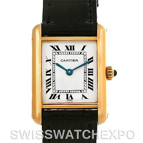 The image shows a front view of the Cartier Tank Classic Women's Yellow Gold White Dial Women's Yellow Gold White Dial watch, highlighting its face, Roman numerals, and strap.