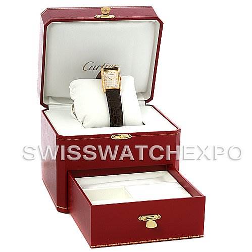 The image shows a Cartier Tank Classic C70934 Yellow Gold Silver Dial C70934 Yellow Gold Silver Dial watch on a pillow, inside an open red Cartier box with a drawer.