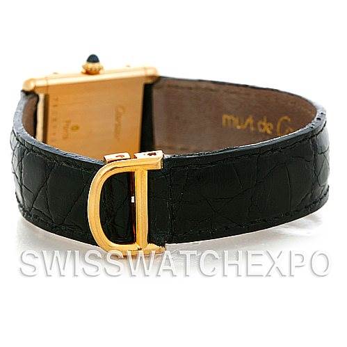 This image shows the back of the Cartier Tank Classic Women's Yellow Gold White Dial Women's Yellow Gold White Dial model watch, focusing on the black strap, clasp, and part of the case.