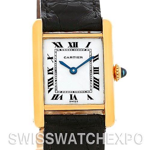 The image shows a Cartier Tank Classic Women's Yellow Gold White Dial Women's Yellow Gold White Dial watch face, case, and strap from a frontal angle.