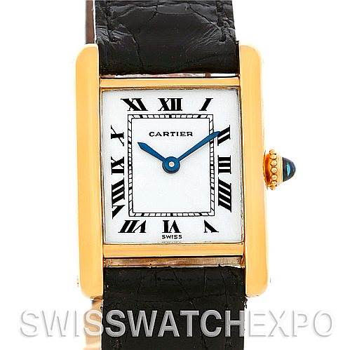 The image shows a Cartier Tank Classic watch face, case, and strap from a frontal angle.