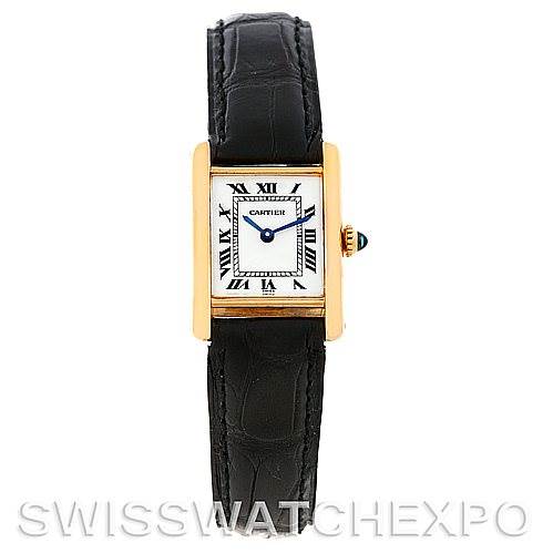 This image shows a front view of the Tank Classic model by Cartier with a black leather strap.