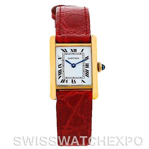 This image shows a front view of the Cartier Tank Classic Women's Yellow Gold White Dial Women's Yellow Gold White Dial watch, displaying its rectangular dial, Roman numerals, and red leather strap.