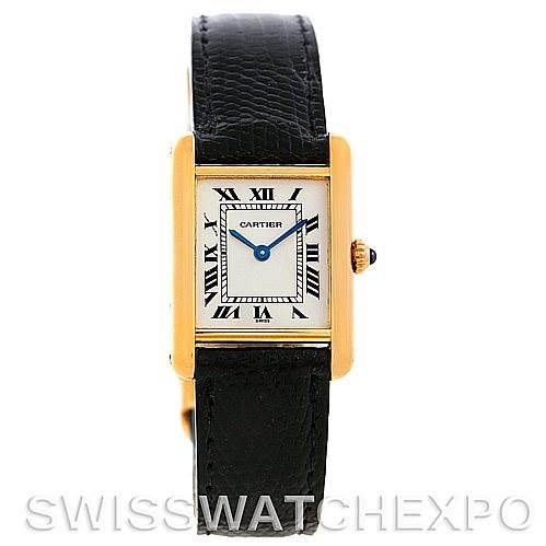 The image shows a front view of the Cartier Tank Classic Women's Yellow Gold Silver Dial Women's Yellow Gold Silver Dial watch, featuring its rectangular dial, Roman numerals, and a black leather strap.