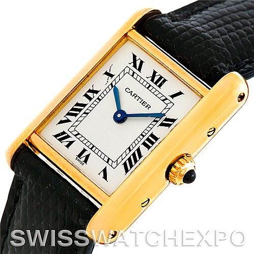 The image shows a close-up of the dial, case, and crown of the Cartier Tank Classic Women's Yellow Gold Silver Dial Women's Yellow Gold Silver Dial watch in a slightly angled view.