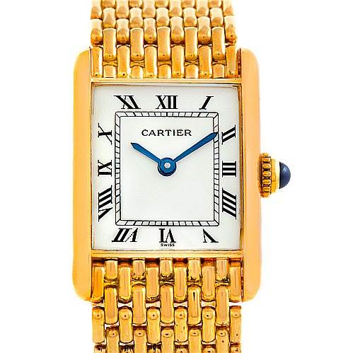 This image shows a frontal view of the Cartier Tank Classic Women's Yellow Gold Silver Dial Women's Yellow Gold Silver Dial watch, featuring its rectangular face, Roman numerals, and gold bracelet.