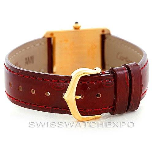 This image shows the rear view of the Tank Classic model by Cartier, focusing on the watch's buckle and strap.