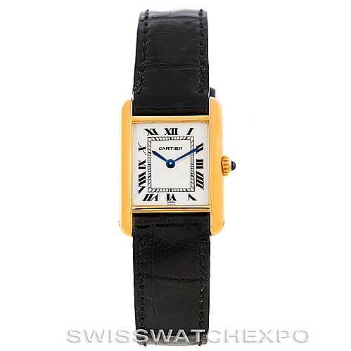 The image shows a front-facing view of the Cartier Tank Classic Women's Yellow Gold Silver Dial Women's Yellow Gold Silver Dial watch, featuring its face, strap, and bezel.