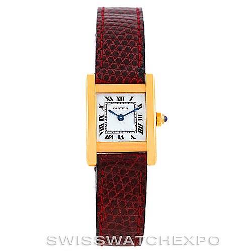 The Cartier Tank Classic Women's Yellow Gold White Dial Women's Yellow Gold White Dial watch is shown from a straight-on angle, highlighting the face, bezel, and leather strap.