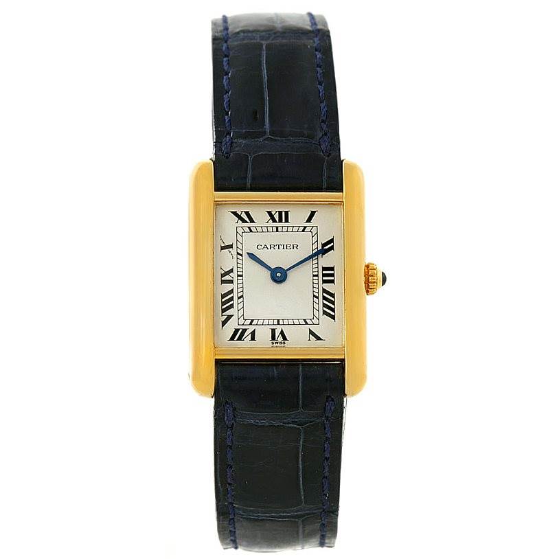 The image shows a Cartier Tank Classic Women's Yellow Gold Silver Dial Women's Yellow Gold Silver Dial watch from a front angle, displaying the face, case, strap, and crown.
