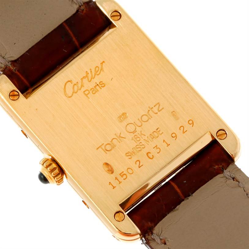 This is a rear view of the Cartier Tank Classic Women's Yellow Gold Silver Dial Women's Yellow Gold Silver Dial showing the back panel and leather strap.