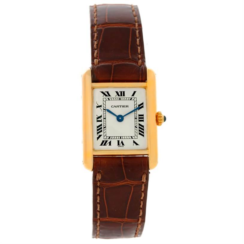 The image shows a frontal view of the Tank Classic model watch by Cartier, displaying the dial, case, and leather strap.