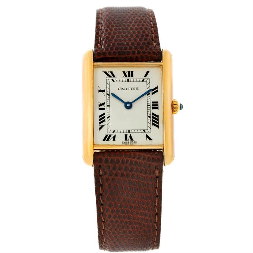 The image shows a front view of the Cartier Tank Classic Yellow Gold Beige Dial Yellow Gold Beige Dial watch, including its rectangular dial and brown leather strap.