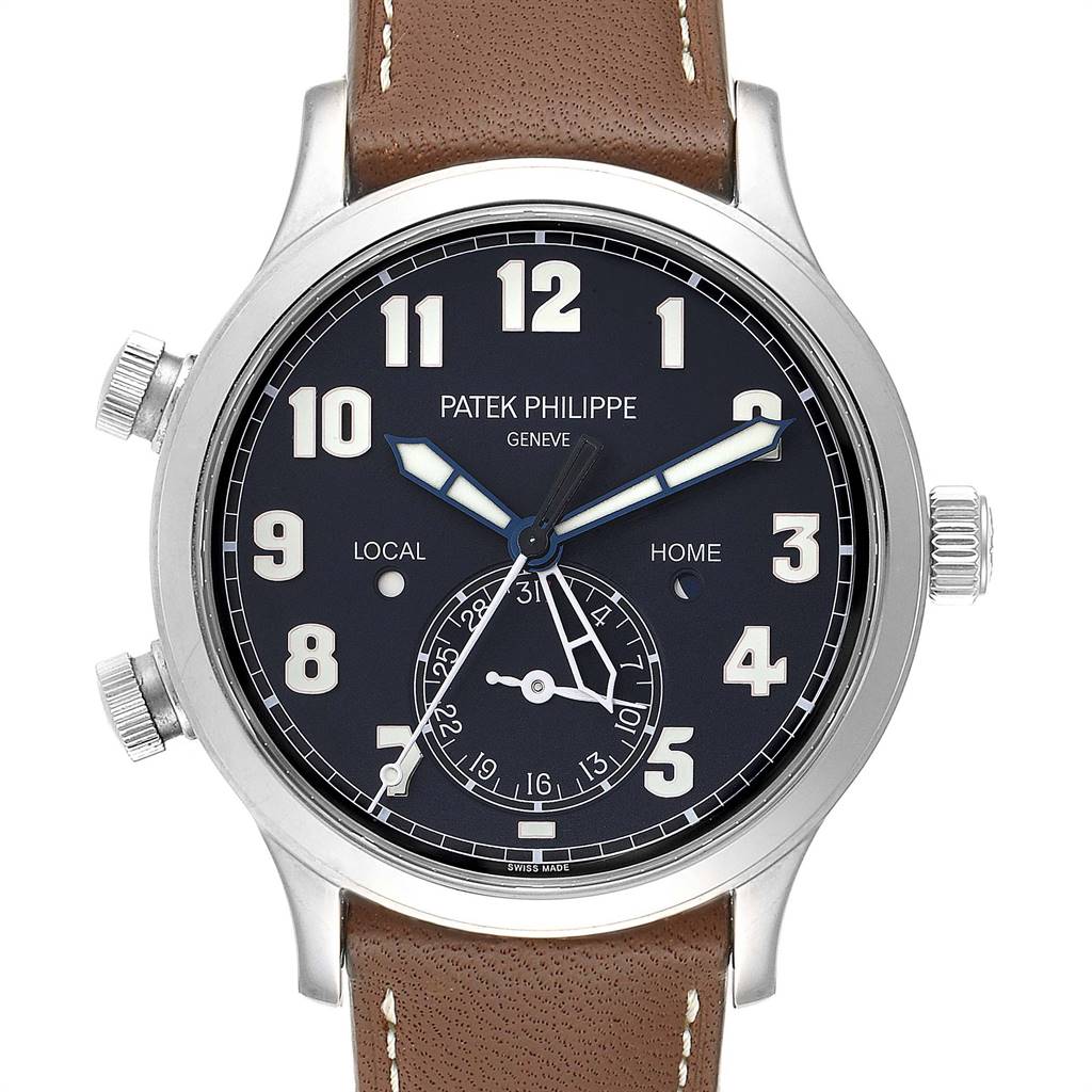 This image shows a front view of a Patek Philippe Calatrava 5524G Men's White Gold Blue Dial 5524G Men's White Gold Blue Dial watch, including the face, hour markers, hands, sub-dial, and brown leather strap.