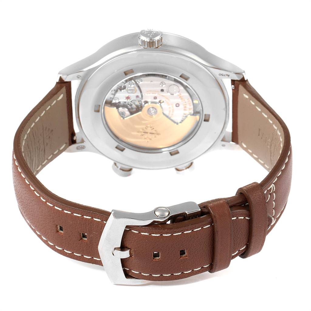 The image shows the back view of a Patek Philippe Calatrava 5524G Men's White Gold Blue Dial 5524G Men's White Gold Blue Dial watch, highlighting the leather strap, buckle, and transparent case back.