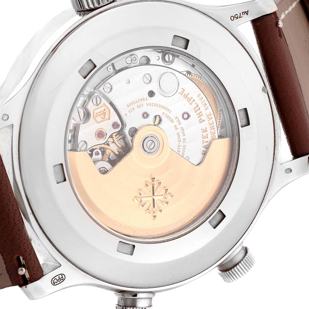 The image shows the back view of the Patek Philippe Calatrava 5524G Men's White Gold Blue Dial 5524G Men's White Gold Blue Dial watch, highlighting its movement and inner mechanism.