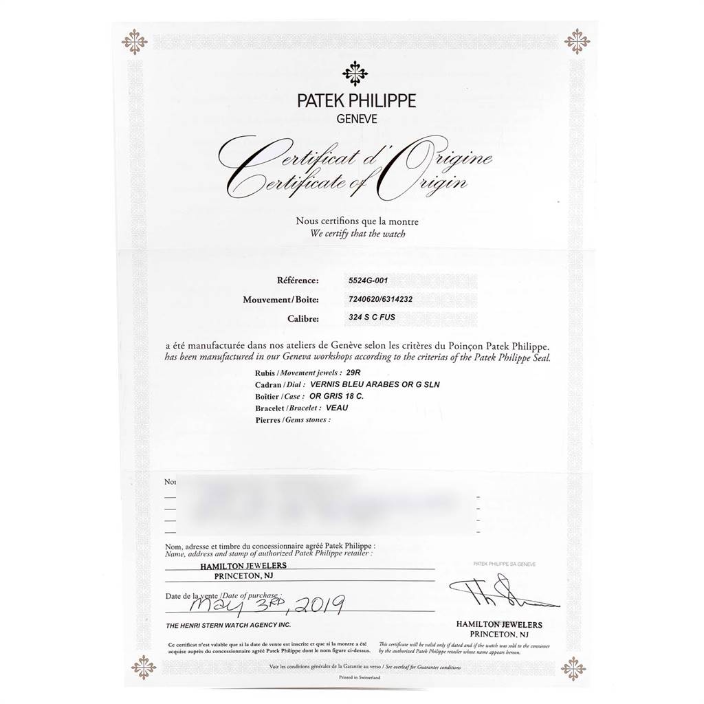 The image shows the Certificate of Origin for a Patek Philippe Calatrava 5524G Men's White Gold Blue Dial 5524G Men's White Gold Blue Dial model watch.
