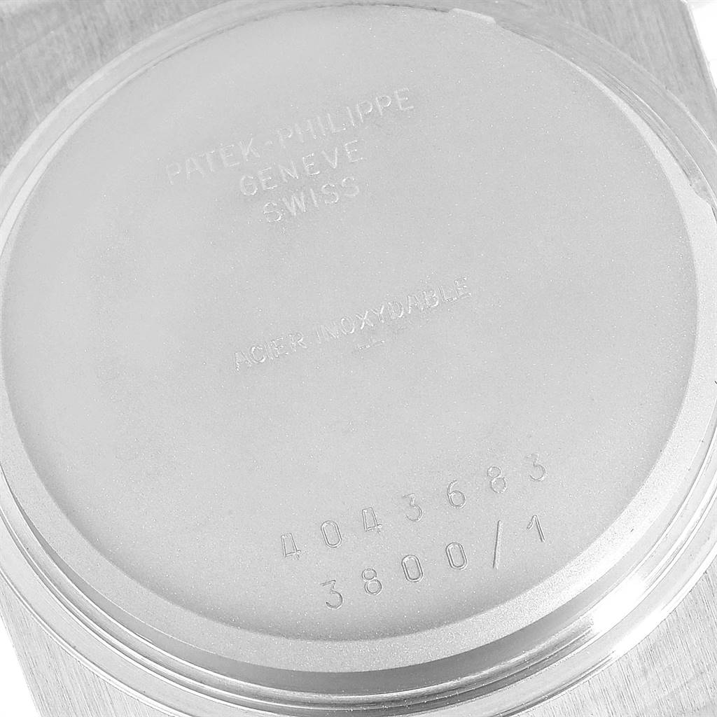 This image shows the back case of a Patek Philippe Nautilus 3800 Men's Stainless Steel White Dial 3800 Men's Stainless Steel White Dial watch model 3800 at a top-down angle.