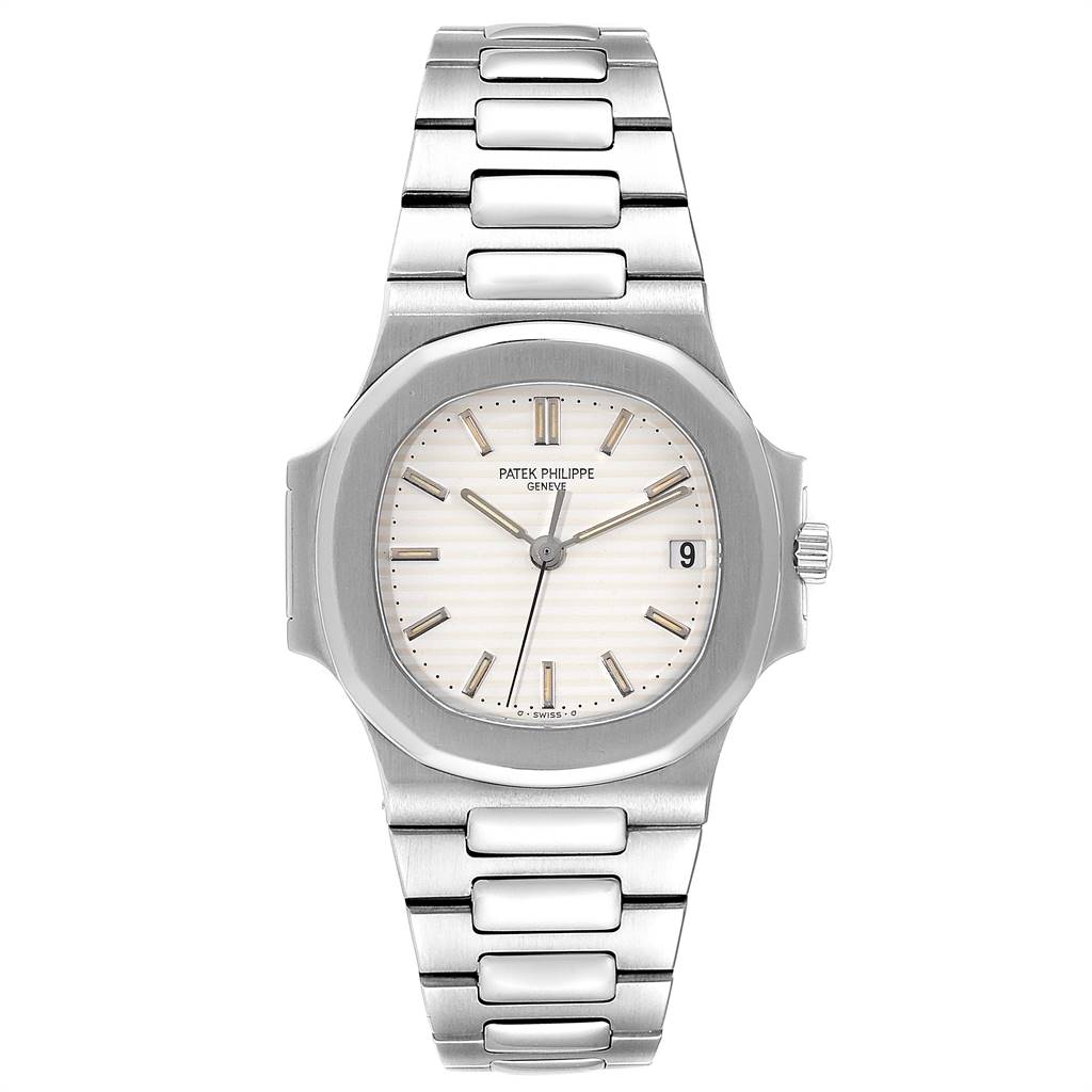 The image shows a front view of the Patek Philippe Nautilus 3800 Men's Stainless Steel White Dial 3800 Men's Stainless Steel White Dial watch, highlighting its dial, case, and metal bracelet.