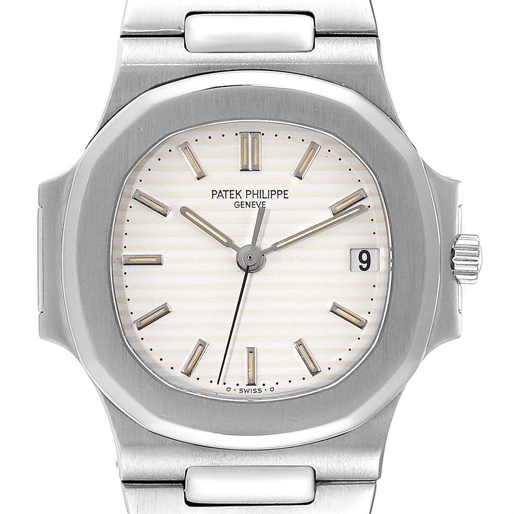 This image shows the front view of a Patek Philippe Nautilus 3800 Men's Stainless Steel White Dial 3800 Men's Stainless Steel White Dial watch, including the face, hands, date window, and part of the bracelet.