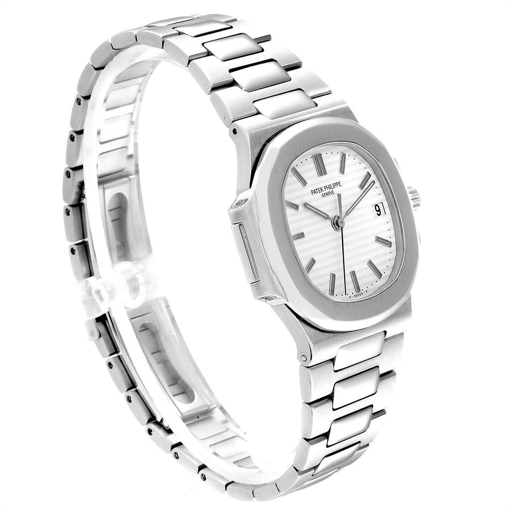The image shows a side angle of the Patek Philippe Nautilus 3800 Men's Stainless Steel White Dial 3800 Men's Stainless Steel White Dial watch, highlighting its bracelet, case, and dial.