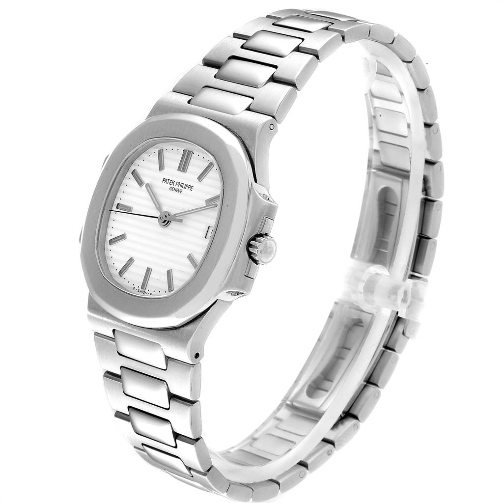 The image shows a side-angle view of a Patek Philippe Nautilus 3800 Men's Stainless Steel White Dial 3800 Men's Stainless Steel White Dial watch, including the face, bracelet, and crown.