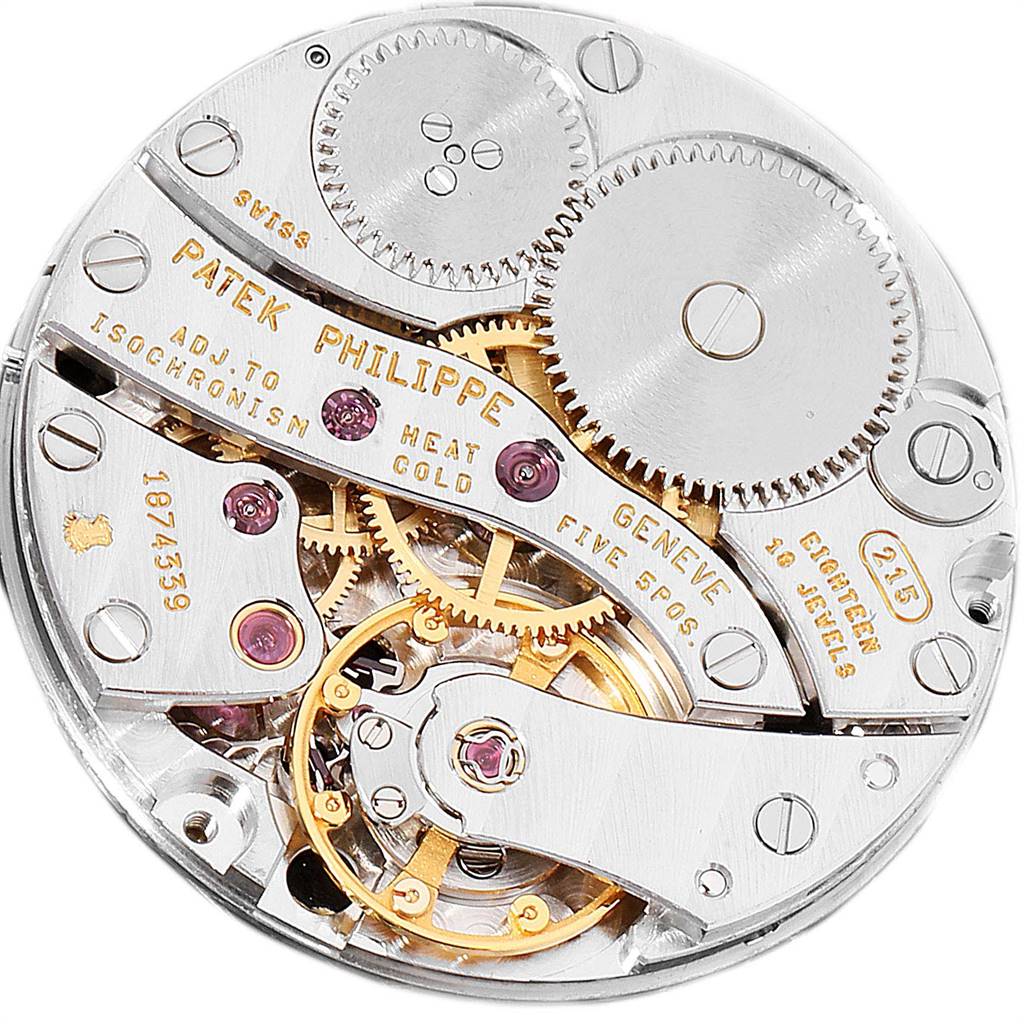This image shows the intricate internal mechanism of a Patek Philippe Calatrava 5022 Men's White Gold Black Dial 5022 Men's White Gold Black Dial model watch viewed from the back.
