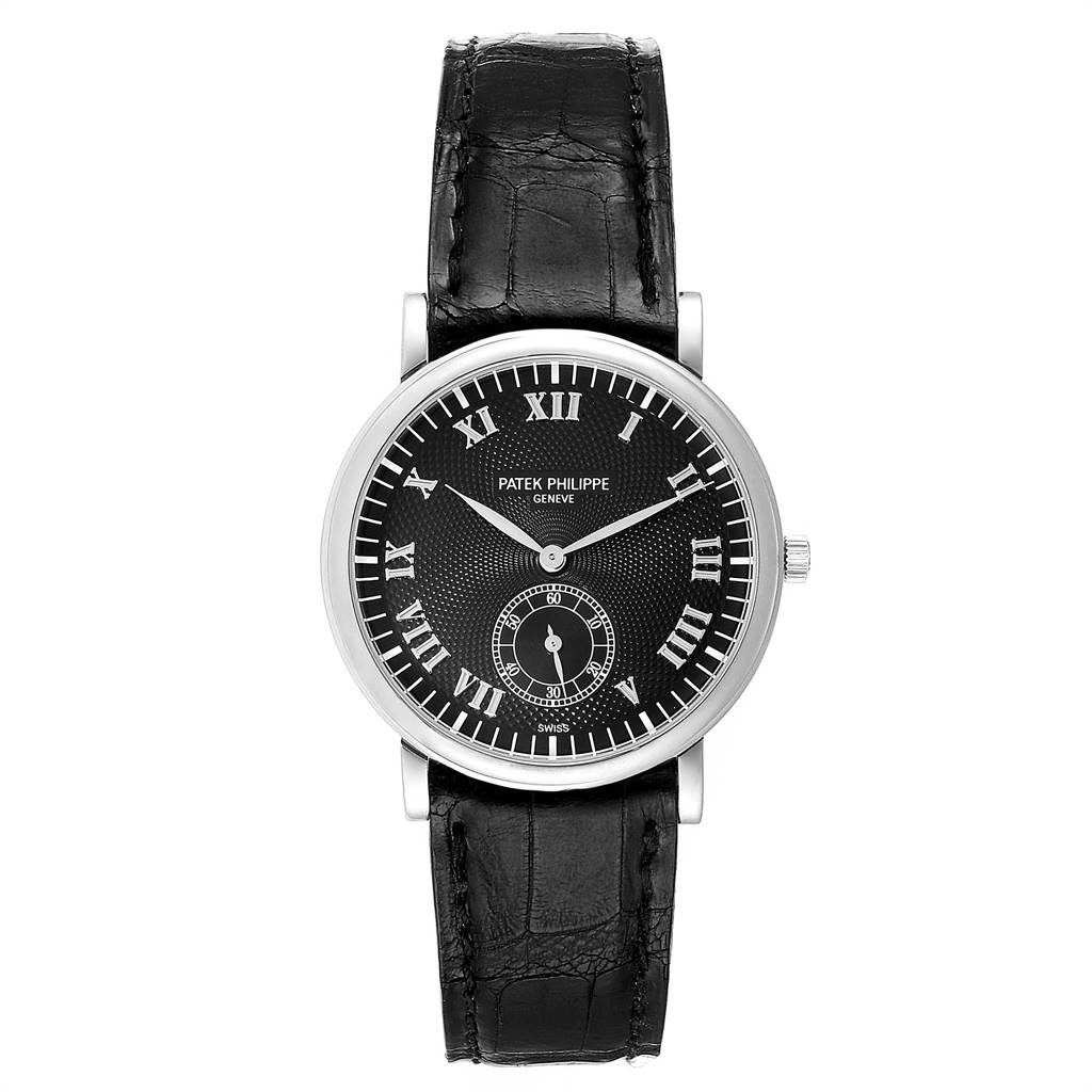 This image shows a front view of the Patek Philippe Calatrava 5022 Men's White Gold Black Dial 5022 Men's White Gold Black Dial model watch with a black leather strap and Roman numeral markers.