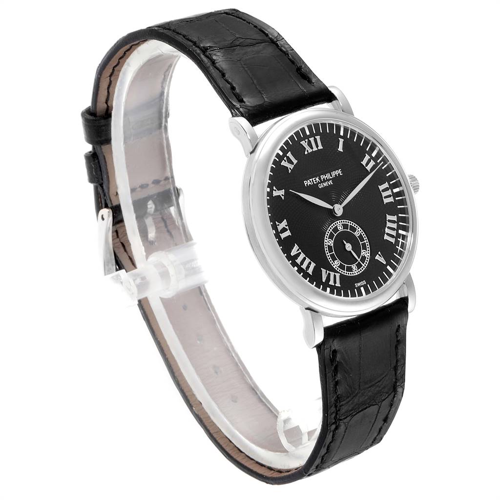 The image shows a Patek Philippe Calatrava 5022 Men's White Gold Black Dial 5022 Men's White Gold Black Dial watch with a black leather strap and a black dial, viewed from a front angle.