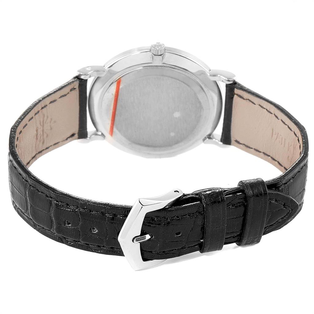The image shows the back view of a Patek Philippe Calatrava 5022 Men's White Gold Black Dial 5022 Men's White Gold Black Dial watch, focusing on the leather strap and buckle.