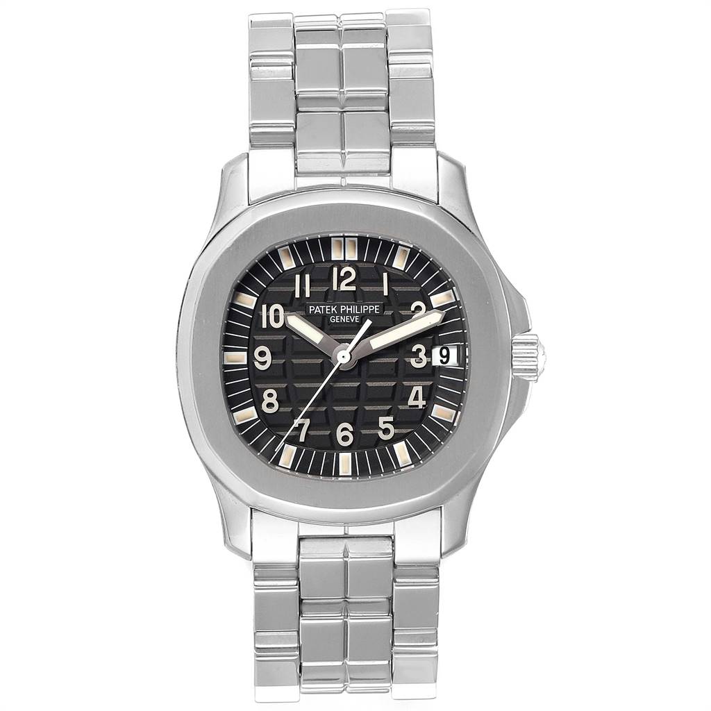 This image shows a front view of a Patek Philippe Aquanaut 5066 Men's Stainless Steel Black Dial 5066 Men's Stainless Steel Black Dial watch with its dial, case, and bracelet visible.