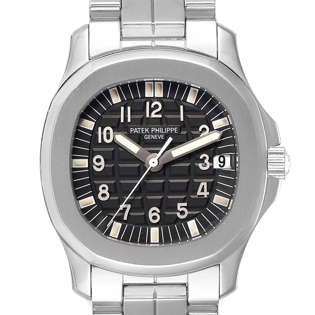 This image shows a close-up view of the Patek Philippe Aquanaut 5066 Men's Stainless Steel Black Dial 5066 Men's Stainless Steel Black Dial watch, displaying its face, dial, and part of the stainless steel bracelet.