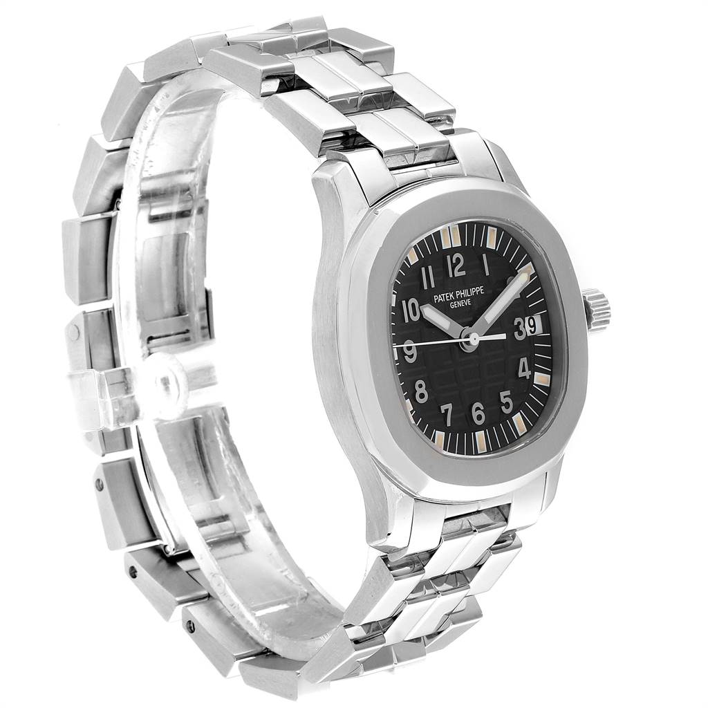This image shows a side-angle view of a Patek Philippe Aquanaut 5066 Men's Stainless Steel Black Dial 5066 Men's Stainless Steel Black Dial watch, highlighting the face, crown, and stainless steel bracelet.