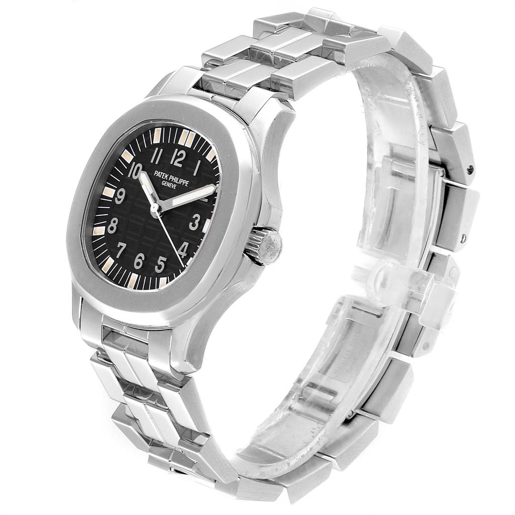 This image shows a side angle of the Patek Philippe Aquanaut 5066 Men's Stainless Steel Black Dial 5066 Men's Stainless Steel Black Dial watch, highlighting the face, case, and bracelet.