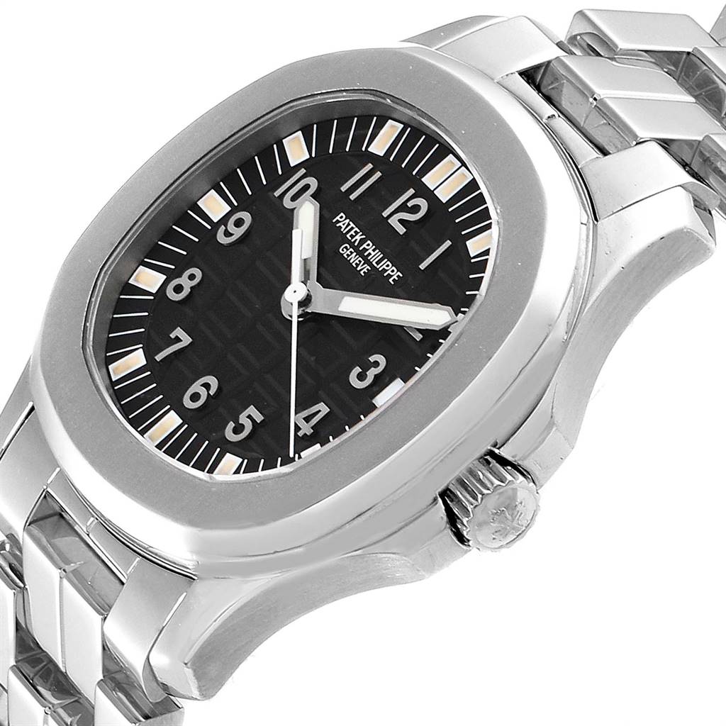 The image shows the Patek Philippe Aquanaut 5066 Men's Stainless Steel Black Dial 5066 Men's Stainless Steel Black Dial watch at an oblique angle, highlighting its dial, bezel, and part of the metal bracelet.