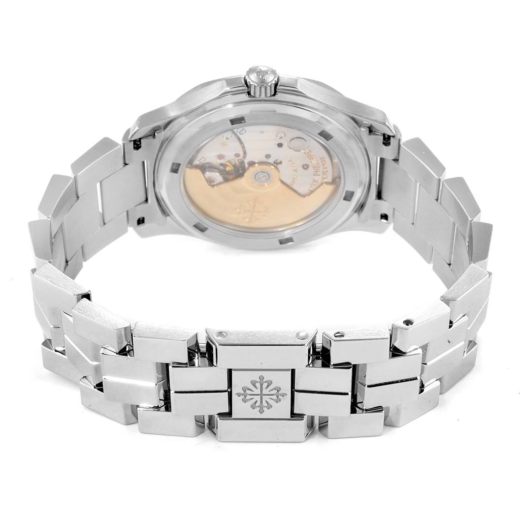 This image shows the back view of a Patek Philippe Aquanaut 5066 Men's Stainless Steel Black Dial 5066 Men's Stainless Steel Black Dial watch, highlighting its stainless steel bracelet and transparent case back.