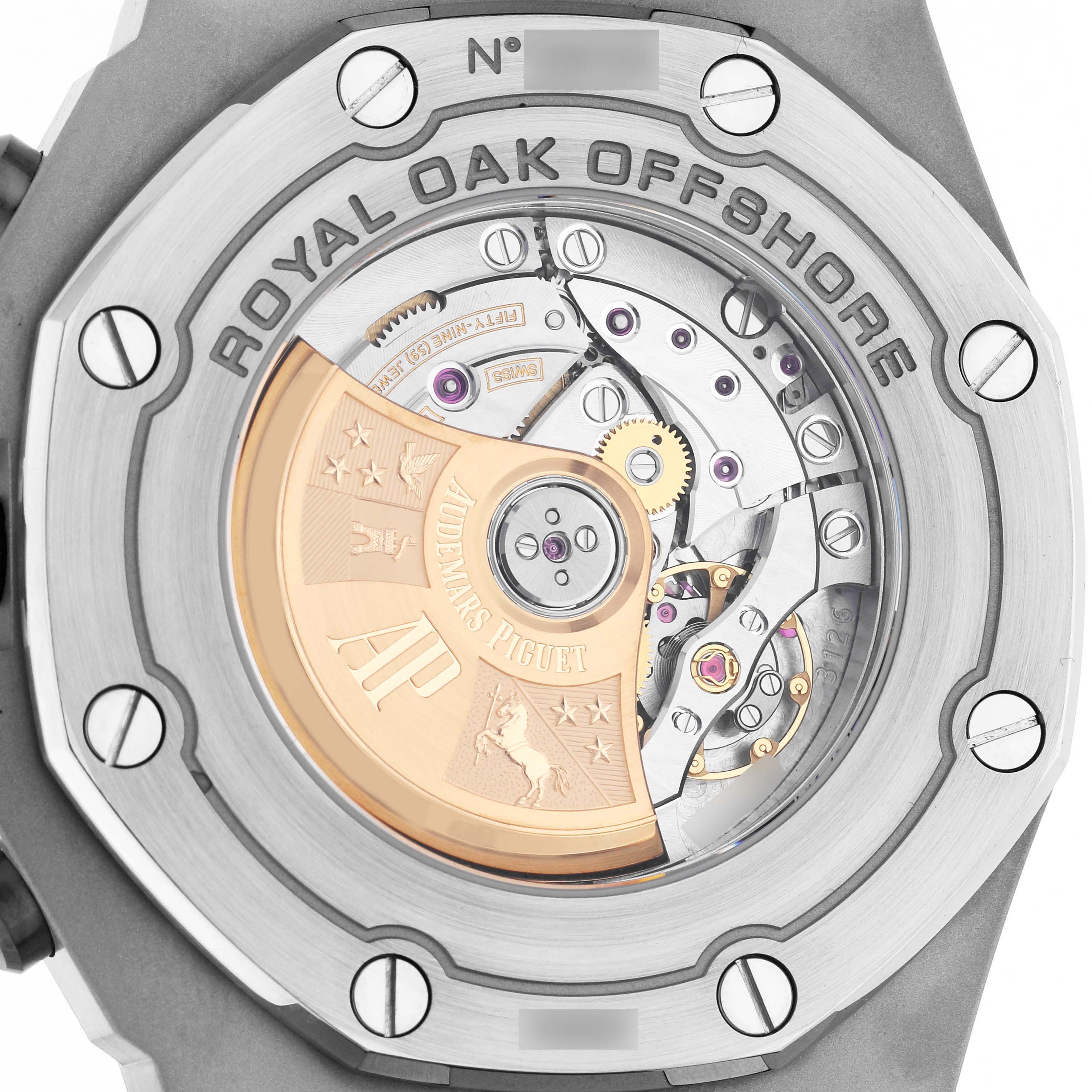 The image shows the case back of the Audemars Piguet Royal Oak Offshore model 26470ST.OO.A801CR.01, highlighting the visible movement and rotor.