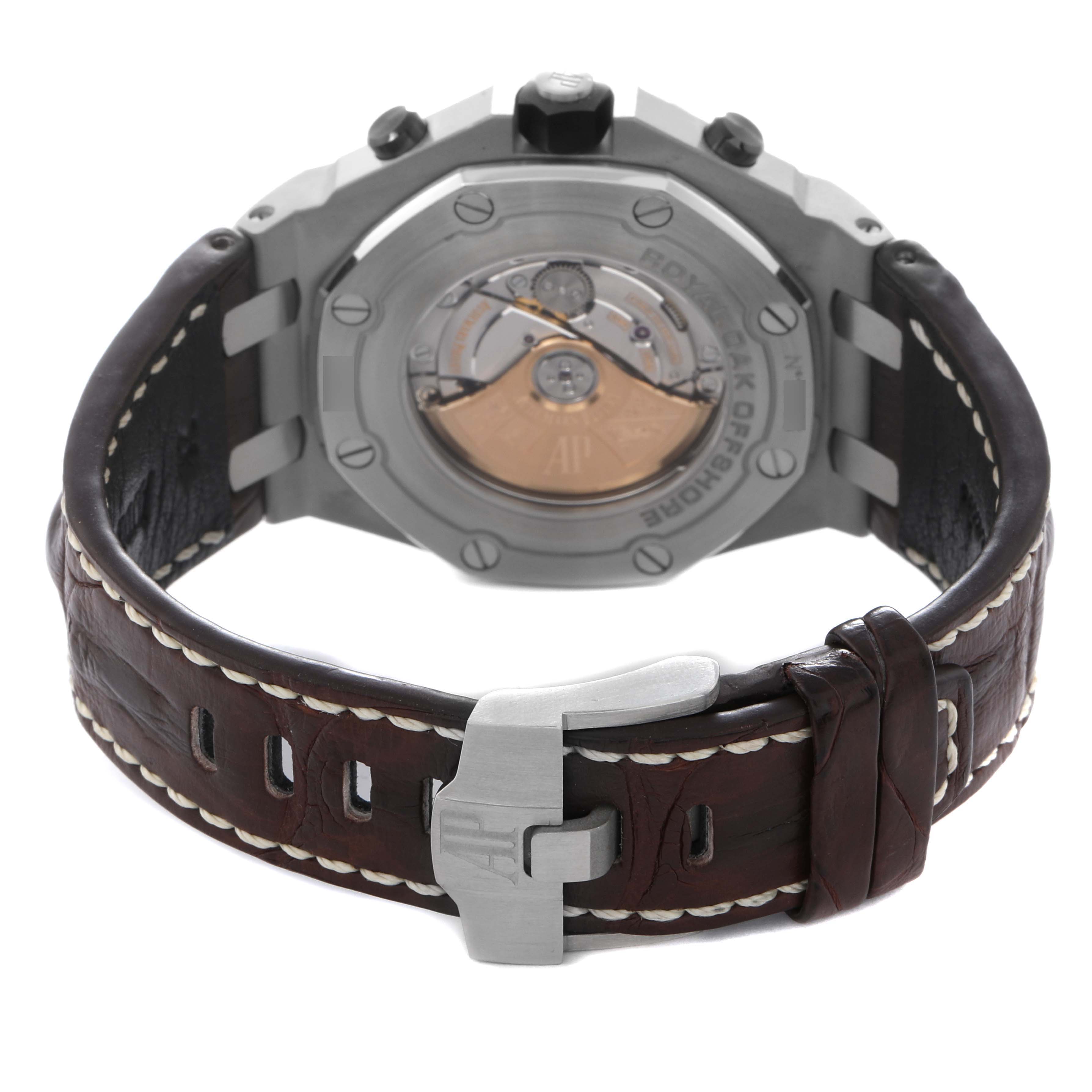 The image shows the back of the Audemars Piguet Royal Oak Offshore model 26470ST.OO.A801CR.01, featuring the case back, movement, and leather strap.