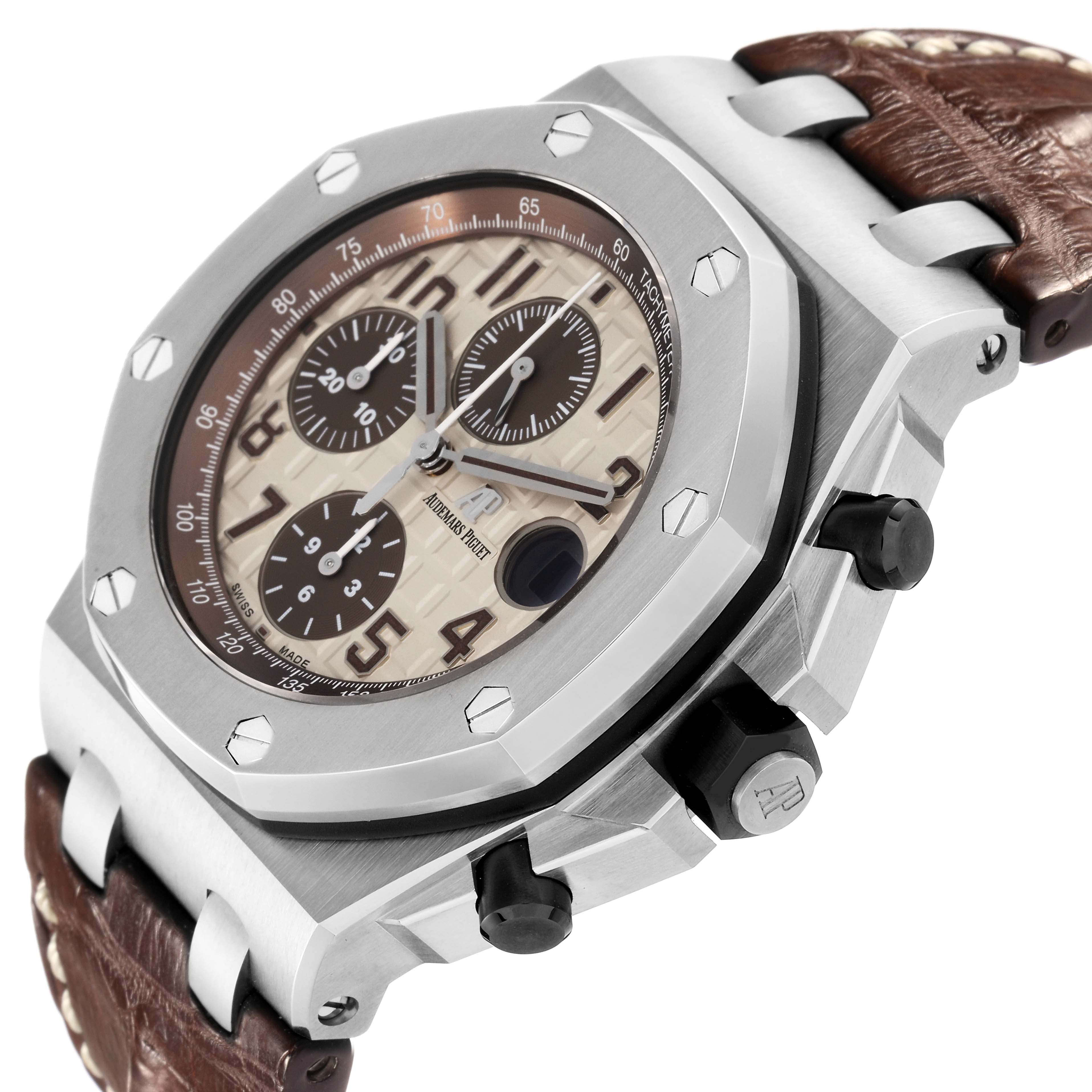 This image shows the Audemars Piguet Royal Oak Offshore model 26470ST.OO.A801CR.01 at an angle highlighting the bezel, side buttons, crown, and part of the strap.