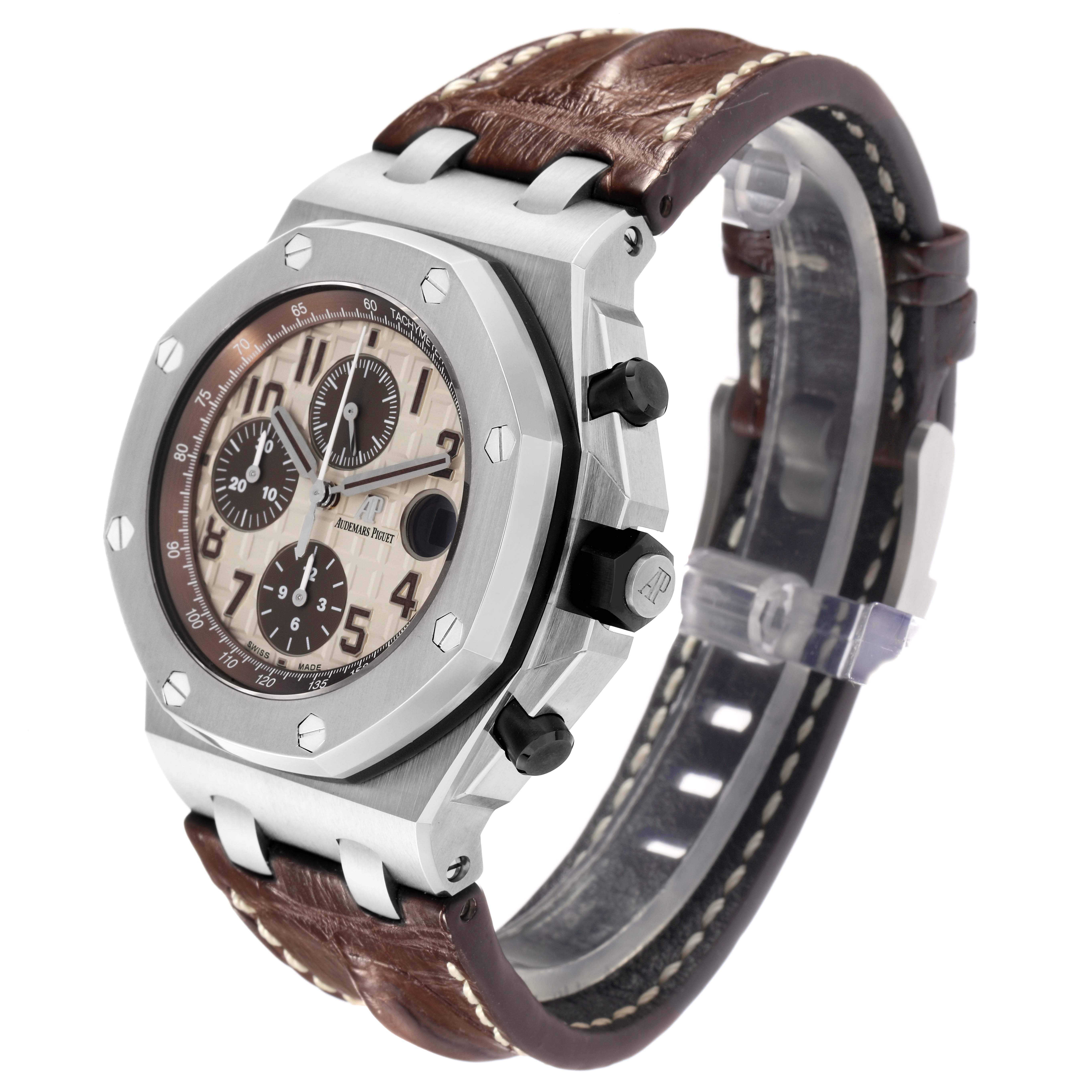 The image shows a side view of the Audemars Piguet Royal Oak Offshore 26470ST.OO.A801CR.01, highlighting the dial, bezel, pushers, crown, and brown leather strap.