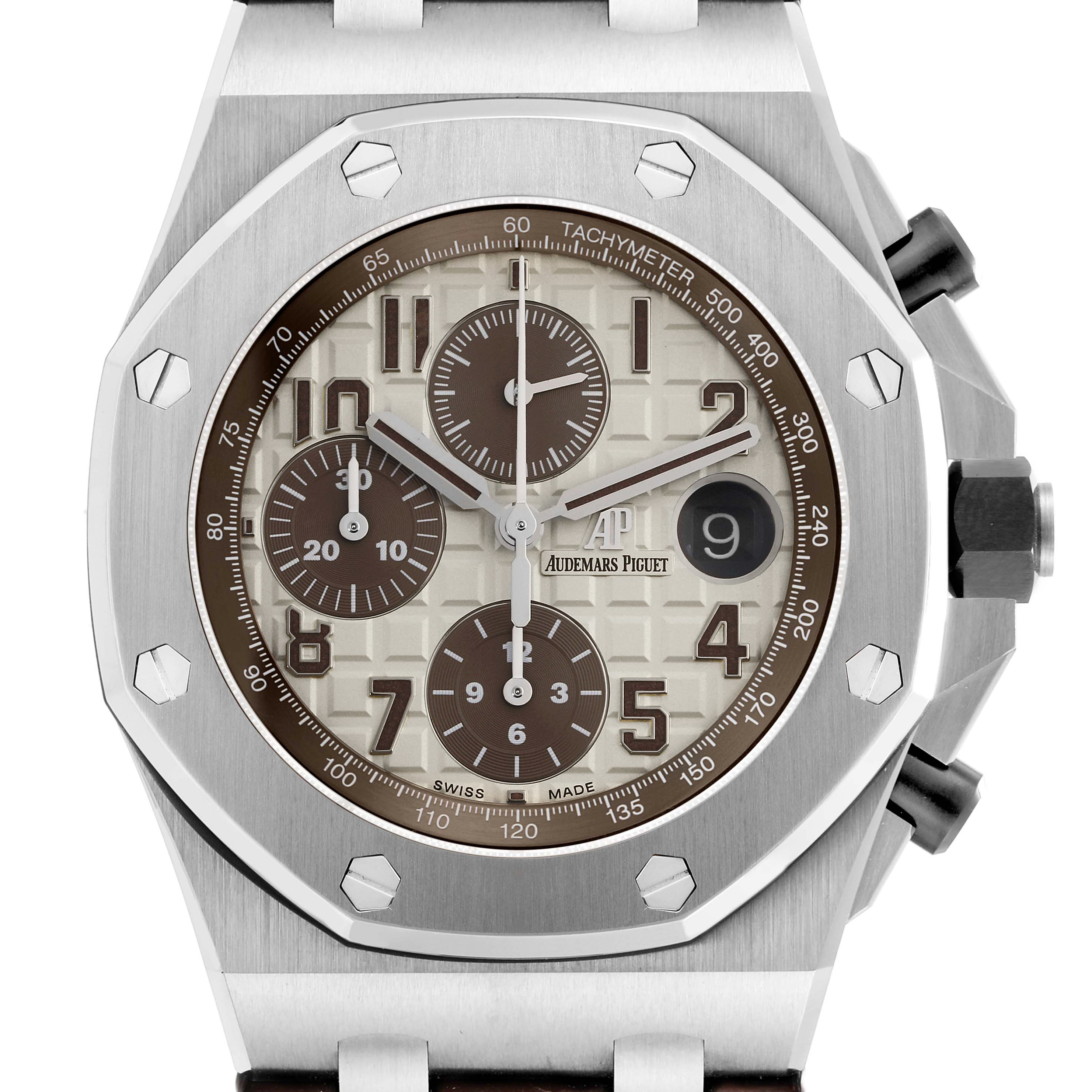 The image shows a frontal view of the Audemars Piguet Royal Oak Offshore model 26470ST.OO.A801CR.01, highlighting its bezel, subdials, and pushers.