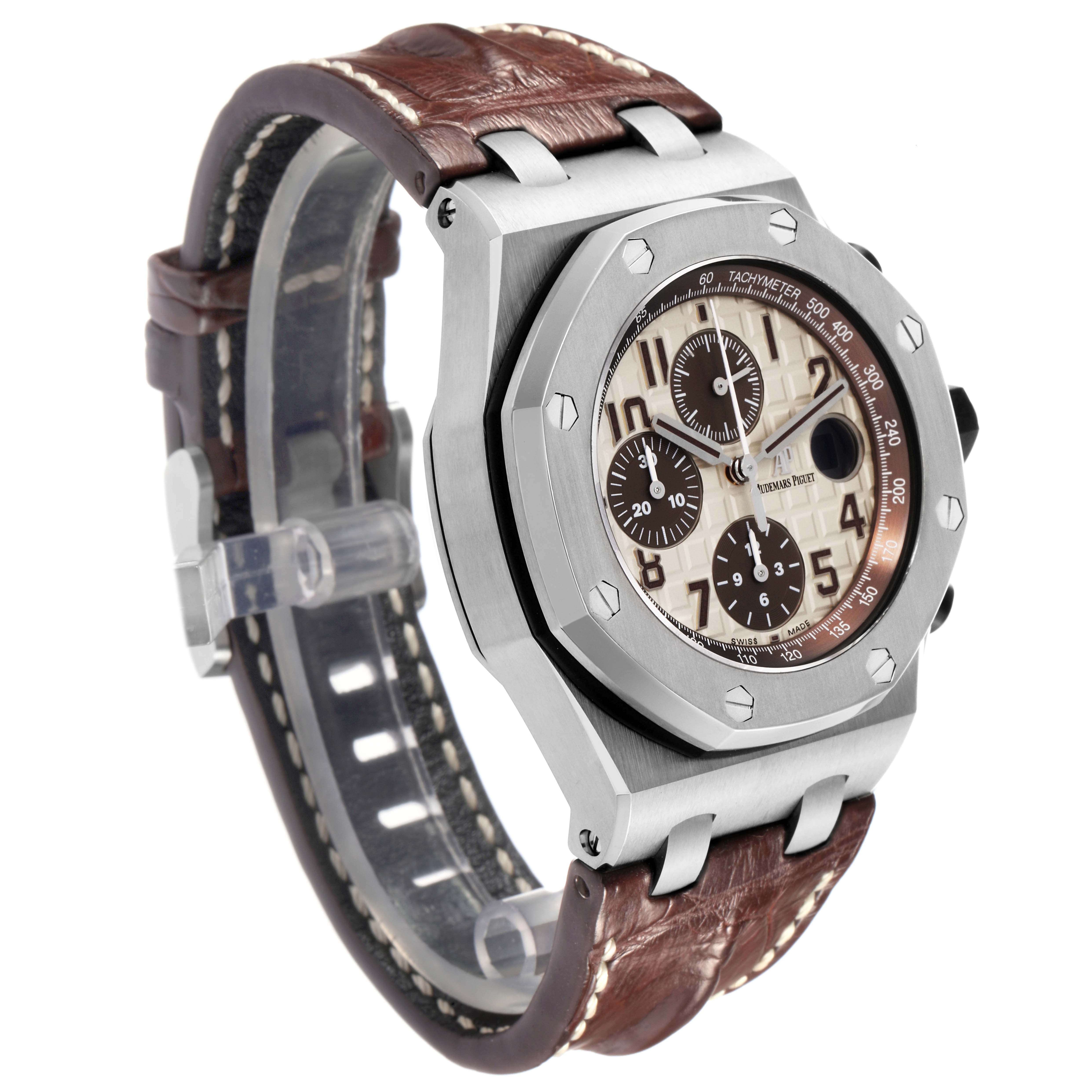The image shows a side angle view of the Audemars Piguet Royal Oak Offshore model 26470ST.OO.A801CR.01, highlighting the case, bezel, dial, and leather strap.