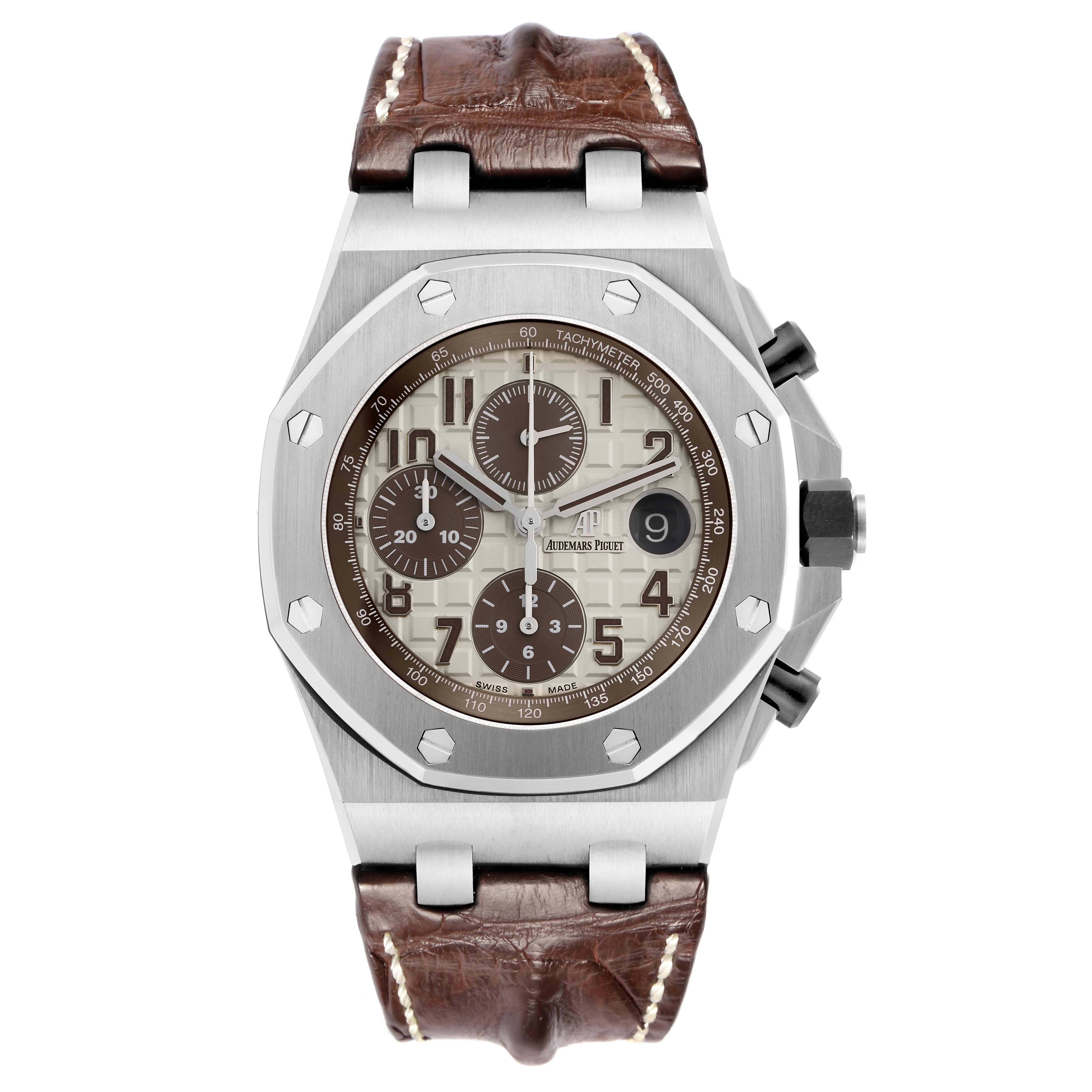 The image shows a frontal view of an Audemars Piguet Royal Oak Offshore model 26470ST.OO.A801CR.01, highlighting the dial, case, bezel, and leather strap.