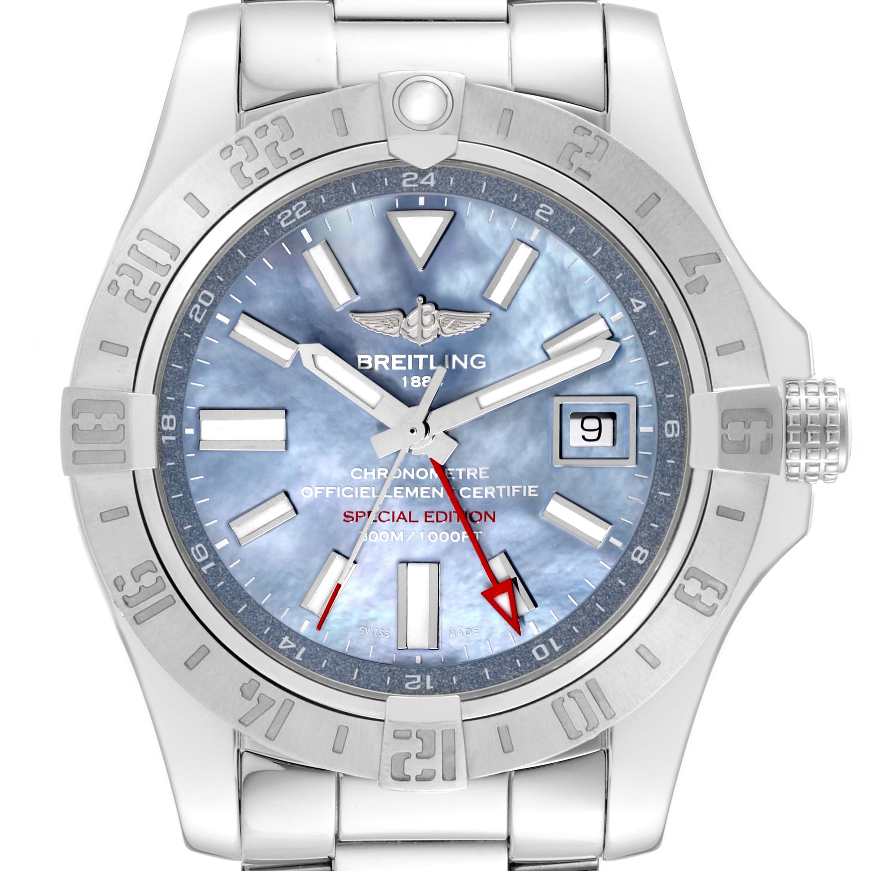 The image shows a front view of the Breitling Avenger A3239011/C930 Men's Stainless Steel Mother of Pearl Dial A3239011/C930 Men's Stainless Steel Mother of Pearl Dial watch, highlighting its dial, bezel, and bracelet.