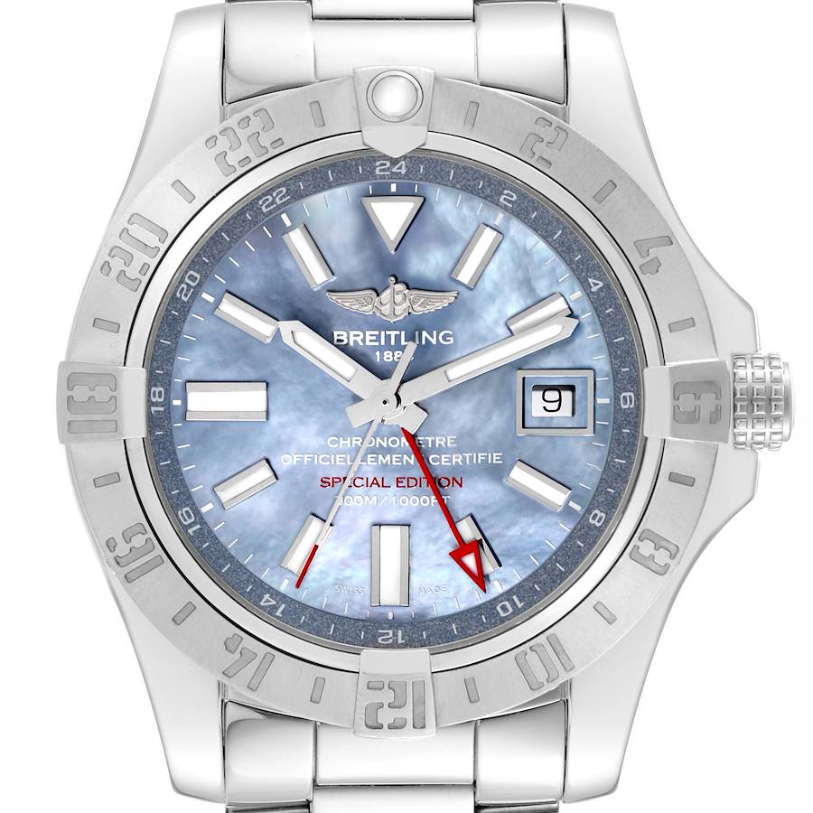 Breitling Avenger II GMT Blue MOP Dial Steel Mens Watch A32390 Box Card SwissWatchExpo