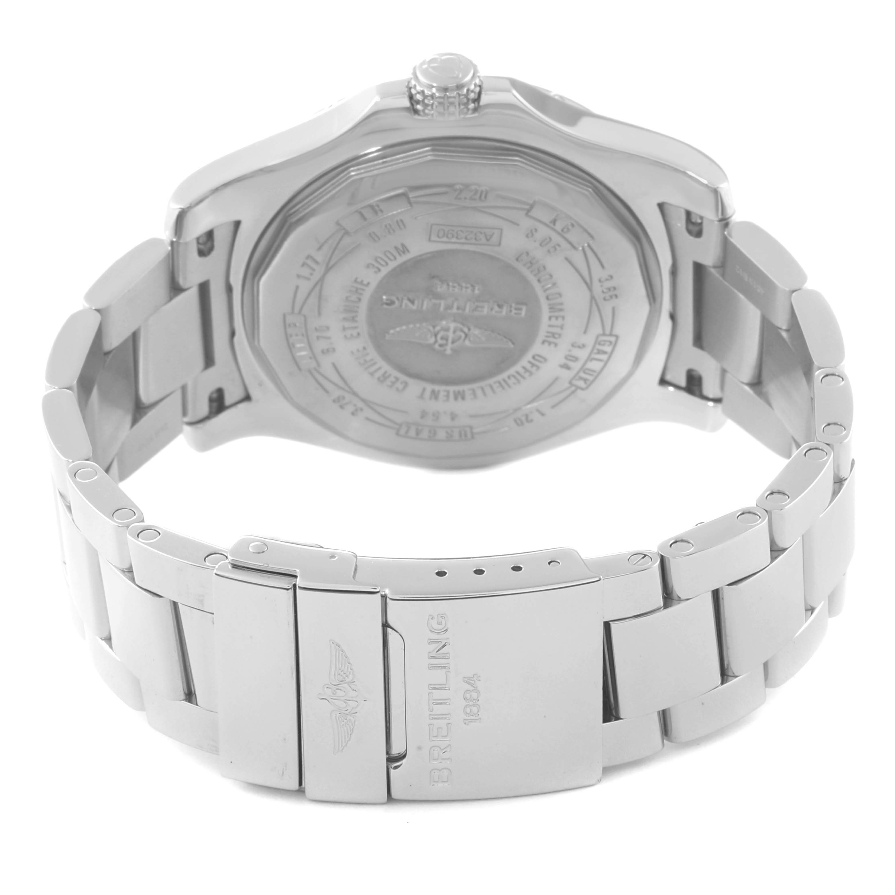 The image shows the back view of a Breitling Avenger A3239011/C930 Men's Stainless Steel Mother of Pearl Dial A3239011/C930 Men's Stainless Steel Mother of Pearl Dial watch, highlighting the case back, bracelet, and clasp.