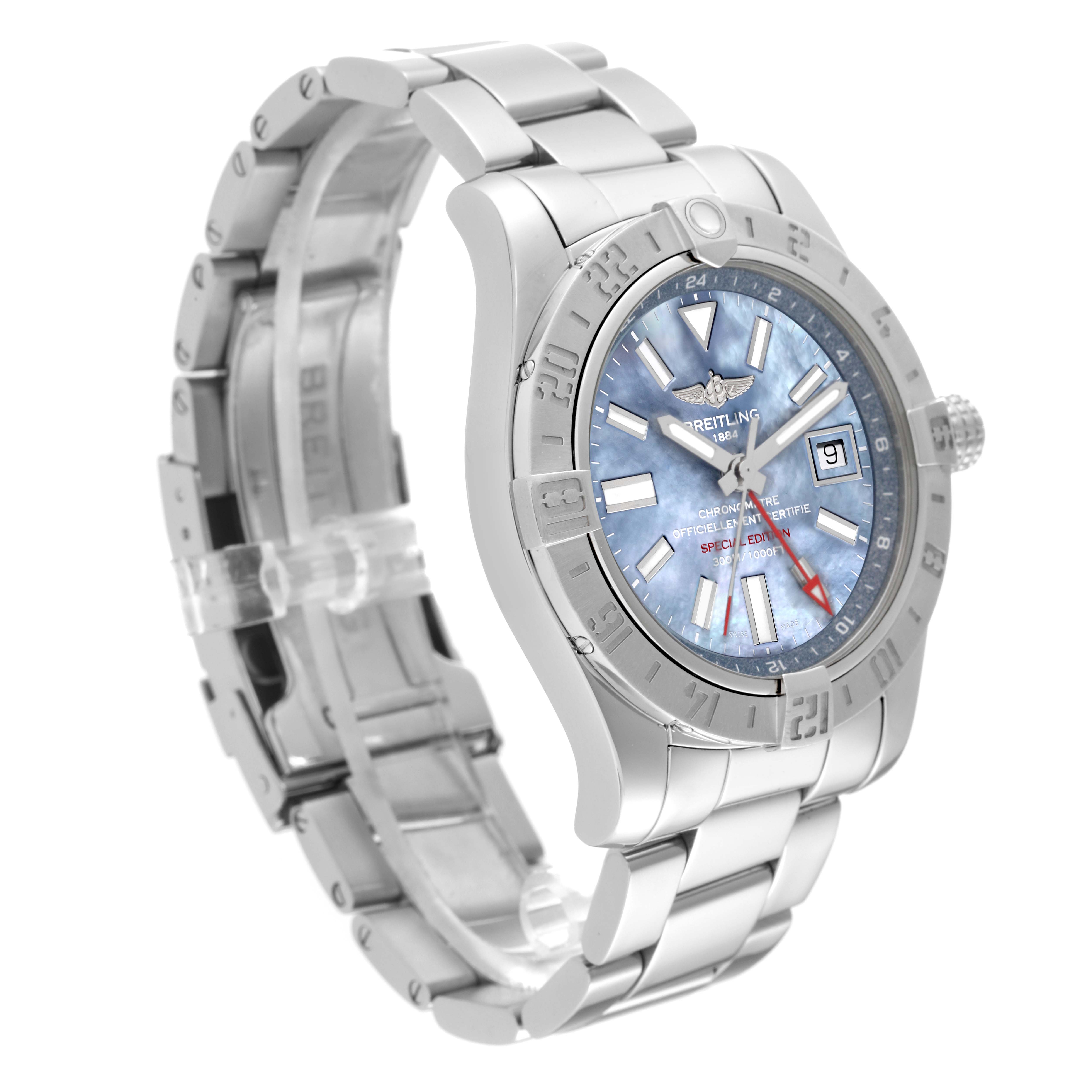 The Breitling Avenger A3239011/C930 Men's Stainless Steel Mother of Pearl Dial A3239011/C930 Men's Stainless Steel Mother of Pearl Dial watch is shown at an angle, highlighting the bracelet, dial, bezel, and crown.