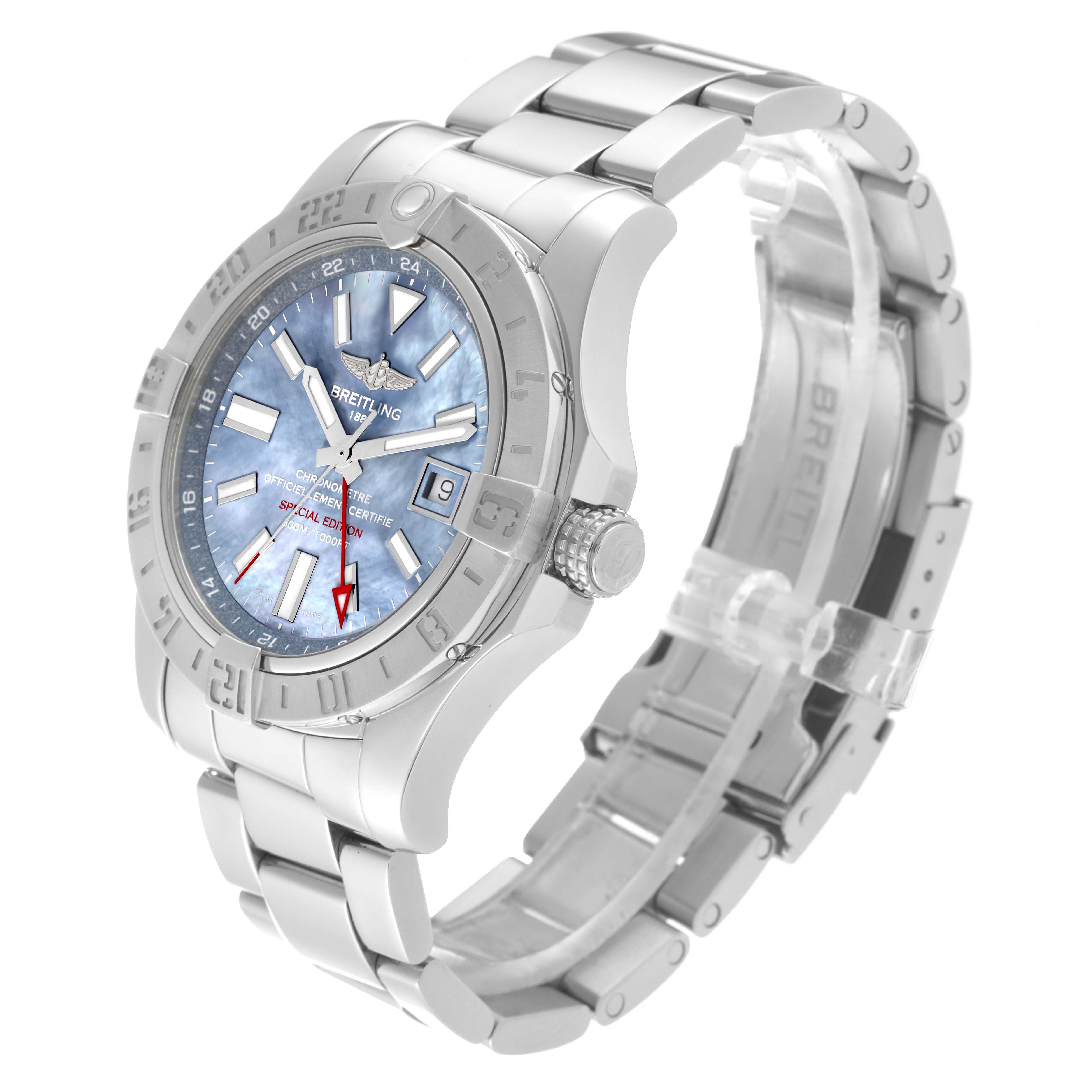 The Breitling Avenger A3239011/C930 Men's Stainless Steel Mother of Pearl Dial A3239011/C930 Men's Stainless Steel Mother of Pearl Dial watch is shown at an angled view, highlighting the bracelet, bezel, dial, and crown.